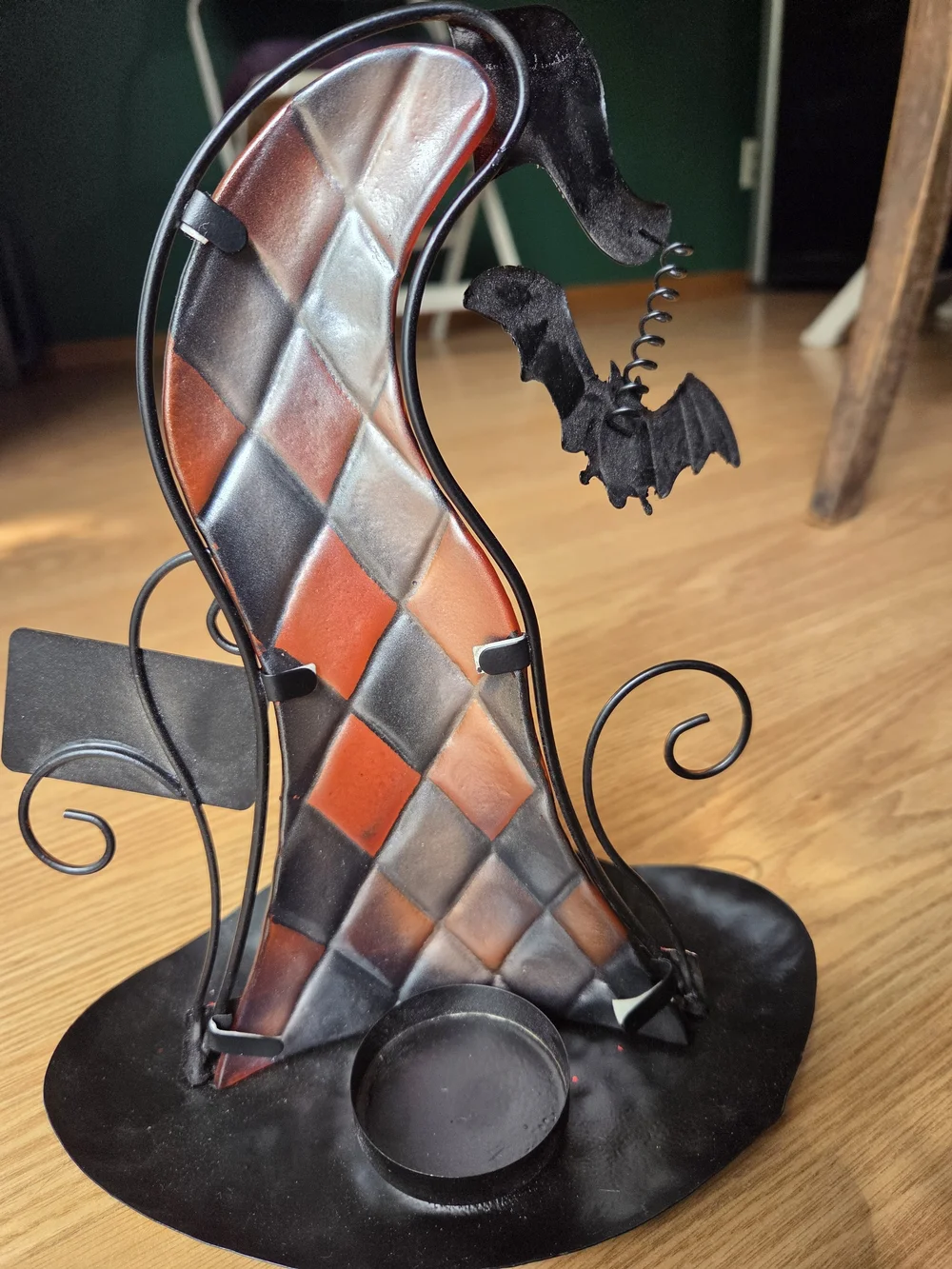 Halloween Witch Hat Table Decor - Black & Orange Argyle  Harlequin Glass & Metal